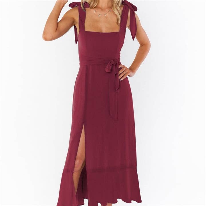 Solid Color Sleeveless Spaghetti Strap Maxi Dress With Side Slit for wholesale by Sheer Trend