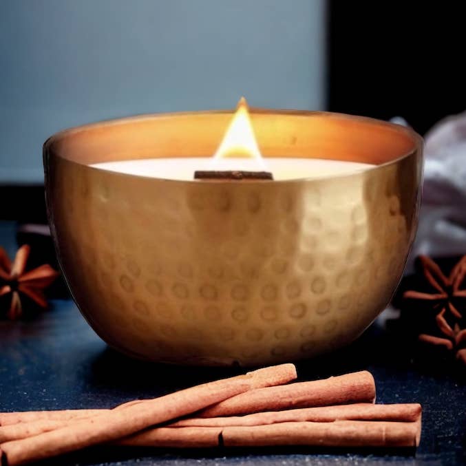 Raw Cinnamon & Cloves -Solid Brass 14oz Pure Soy Candle for wholesale by Woodsy Homelife