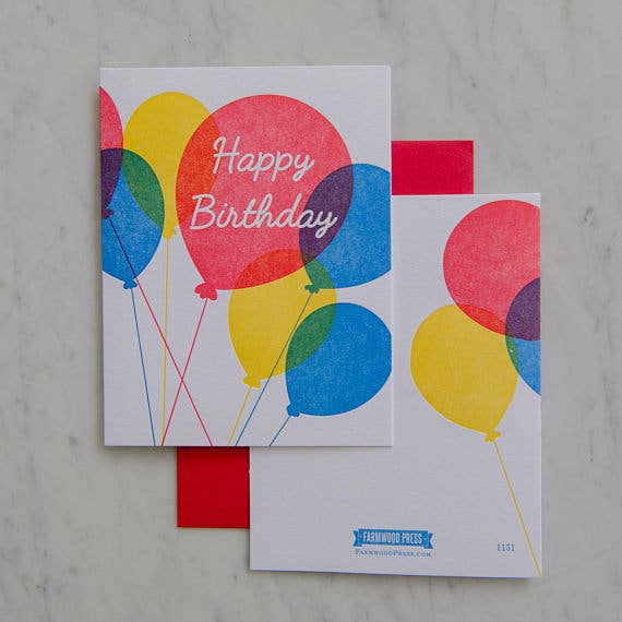 1131 - Kleurrijke verjaardag ballonnen Letterpress Card voor wholesale door Farmwood Press