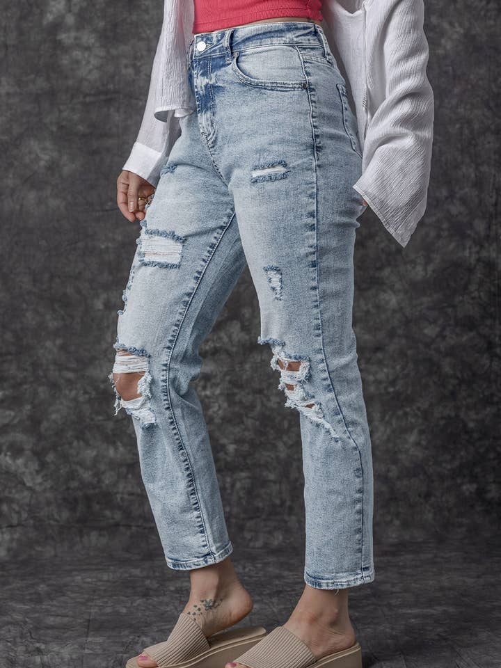 FULL TIME PURCHASE - Wholesale Jeans - Women's - Light Wash Frayed Slim Fit High Waist Jeans2