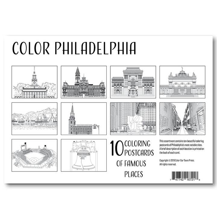 Philadelphie Coloriage Cartes Postales - Lot de 10 designs uniques pour la vente par Color Our Town