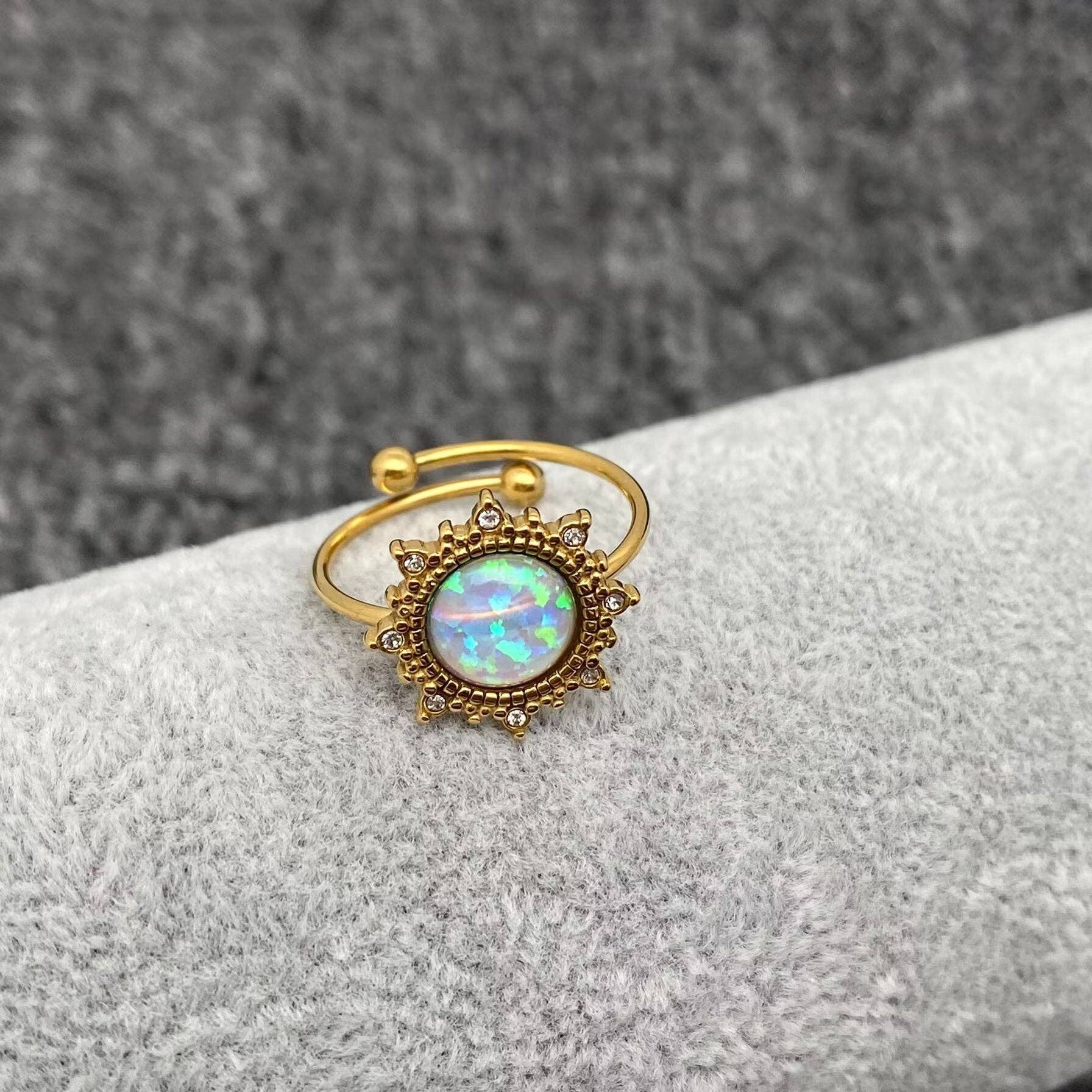 Mio Queena - Wholesale Single Stone/Solitaire Ring - Lucky Opal 18K Gold Plated SS Adjustable Ring - FGS/CS6