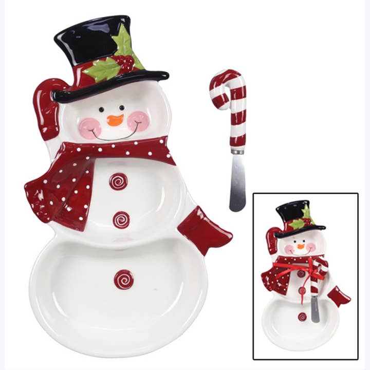 Young's - Wholesale Condiment/Dip Bowl - Ceramic Winter Whimsy Snowman Chip & Dip Set with Spreader