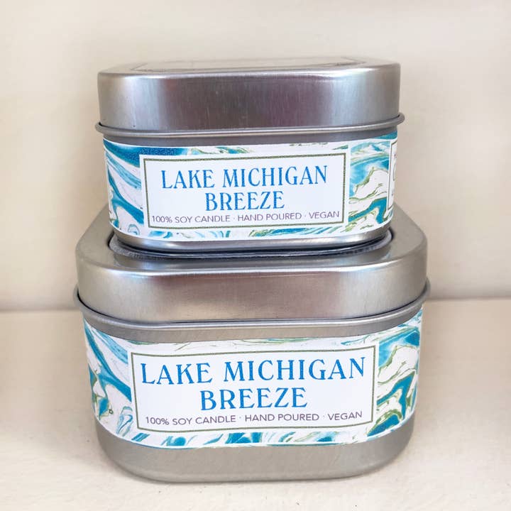 Lake Michigan Breeze Soy Candle in Small Tin -Beach Breeze for wholesale by Green Daffodil Bath & Body