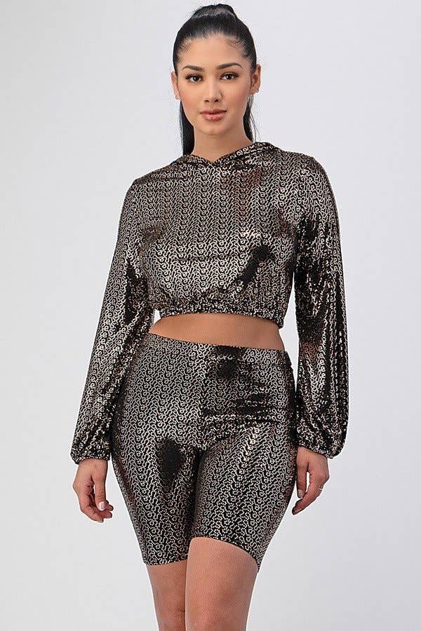 Guld Lurex hættetrøje langærmet crop top og biker kort sæt1297sæt for engroshandel på Faire6