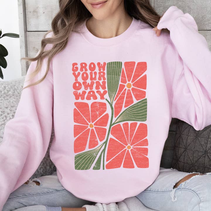 Refinery Number One LLC - Wholesale Graphic Sweatshirt - Women's - Grow Your Own Way, Retro Flowers Sweatshirt