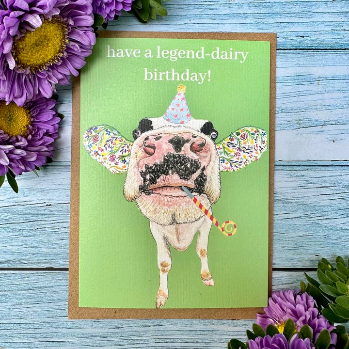 Jen Winnett Eco Artist – Großhandel Geburtstagskarten – Lustige, umweltfreundliche Geburtstagskarte mit Milchkuh, bunt, luxuriös