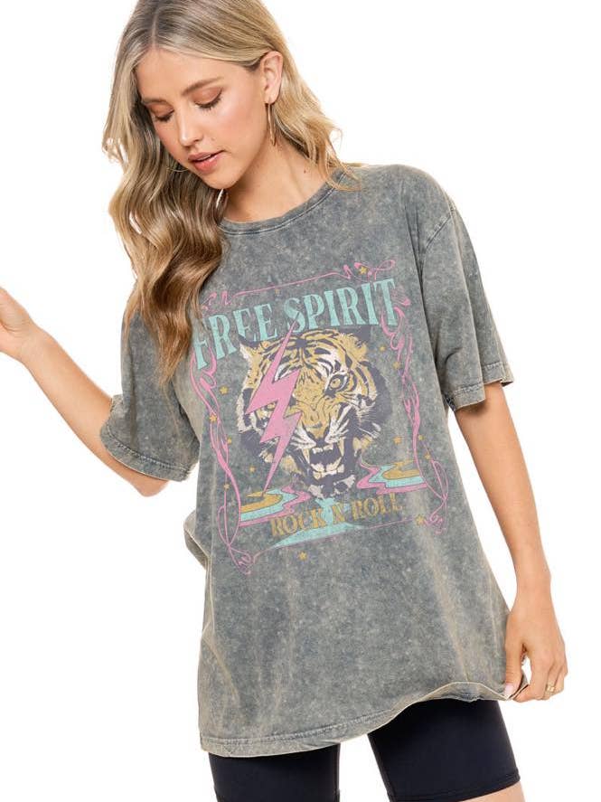 Free Spirit Tiger Vintage Graphic S/S Washed Boyfriend Tee for wholesale by Zutter
