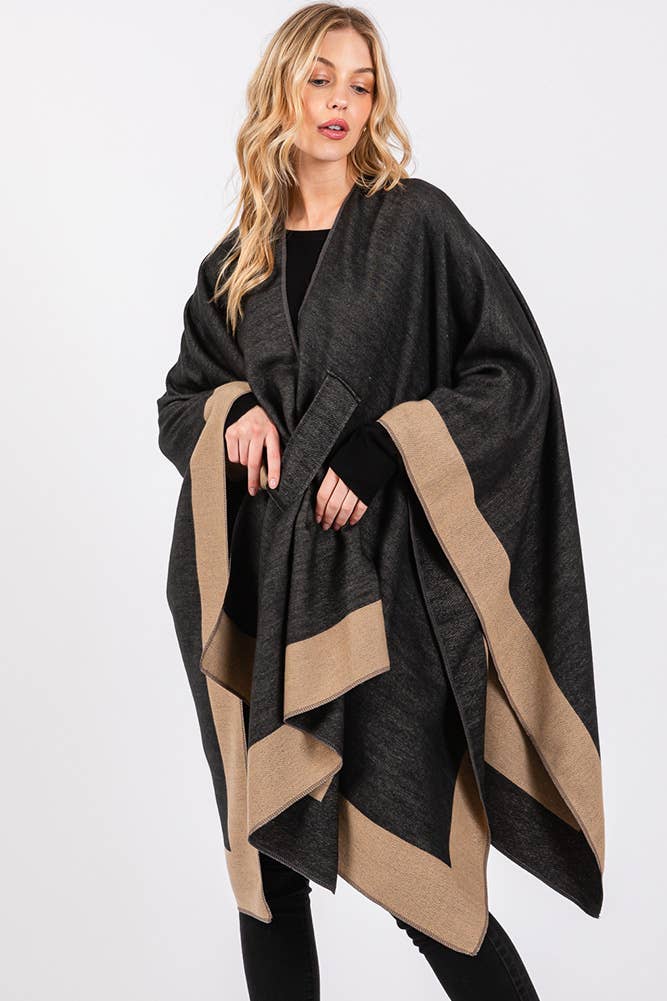 Hana - Wholesale Cardigan - Women's - Two Tone Pull Through Shawl Ruana Winter Cardigan1