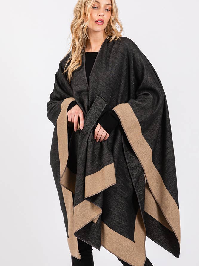 Hana - Wholesale Cardigan - Women's - Two Tone Pull Through Shawl Ruana Winter Cardigan1