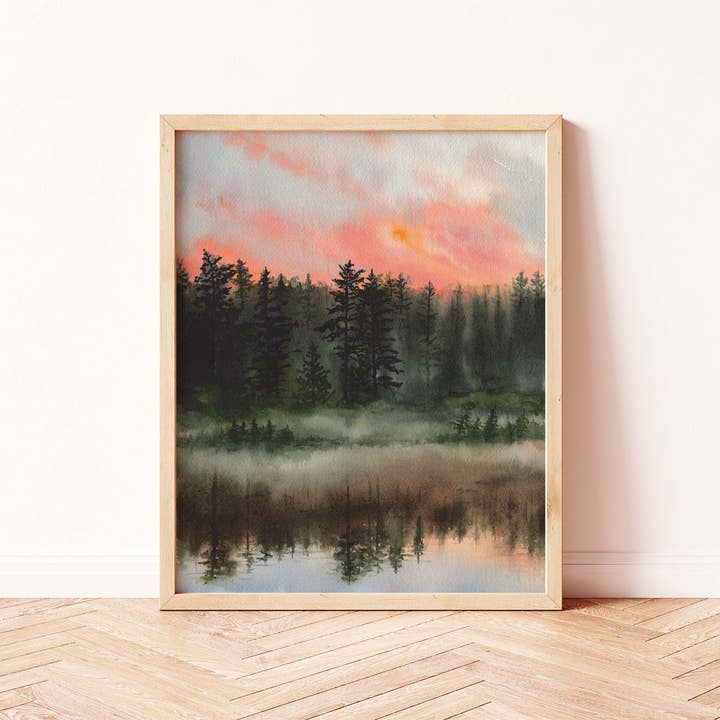 "Rockwood Morning Dew" Lake Sunrise Watercolor Print for wholesale by Paperbec Design Co.