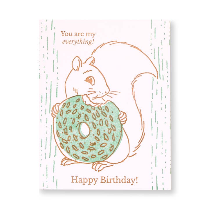 Letterpress-Geburtstagskarte mit Eichhörnchen und Bagel für den Großhandel von Letterpress PLAY