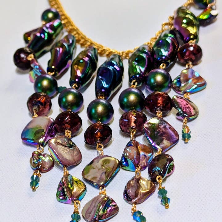 Gay Isber Designs - Wholesale Bib Necklace - Unique Vintage-Inspired Bib Purple Green Necklace with 1970s Austrian AB Acrylic Beads and Swarovski Crystals - One-of-a-Kind Design by Sugar Gay Isber2