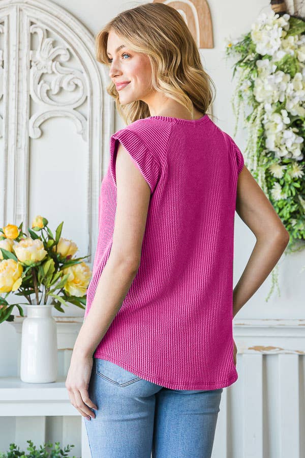 7th Ray – Engroshandel Strikket top - Dame – Solid Rib Knap-Front Flæseærme Top T51561