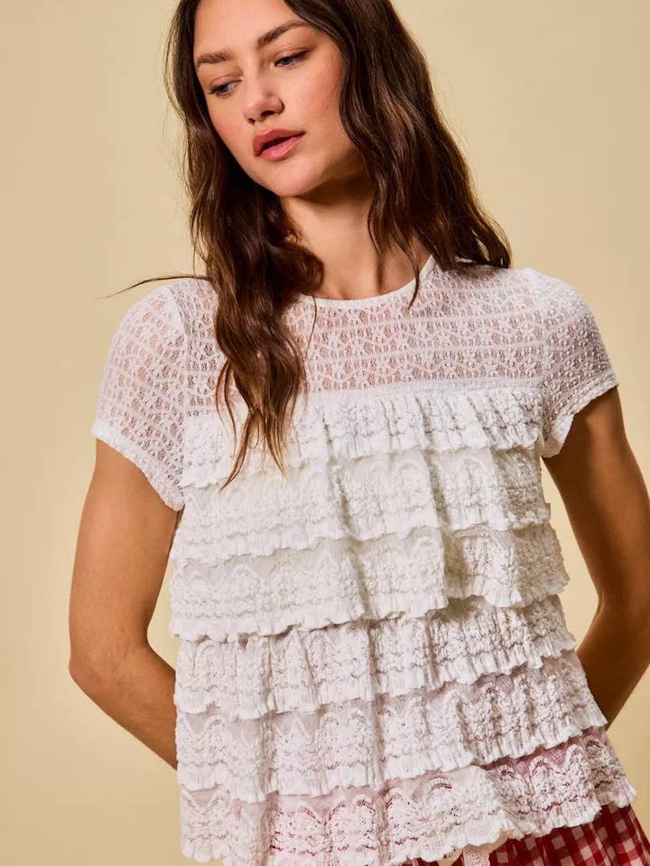 SO ME Ruffle Tiered Stretch Lace Short Sleeves Knit Top for wholesale by Lecatta Fashion