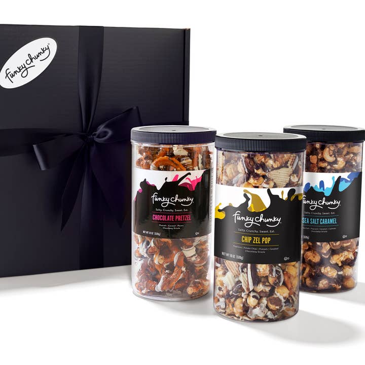 Triple Flavor Gift Pack: Sea Salt Caramel, Chip Zel Pop, Chocolate Pretzel for wholesale by Funky Chunky