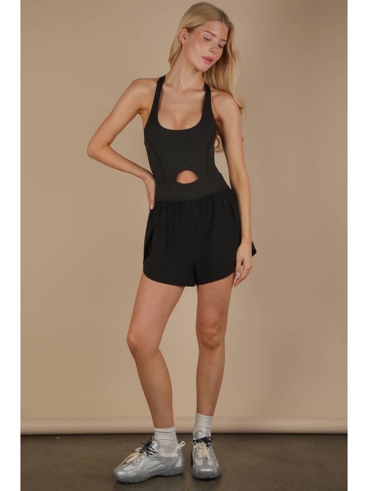 VERY J - Wholesale Romper - Women's - NP70880-Front Cutout Romper Activewear W/ Pantie Lining