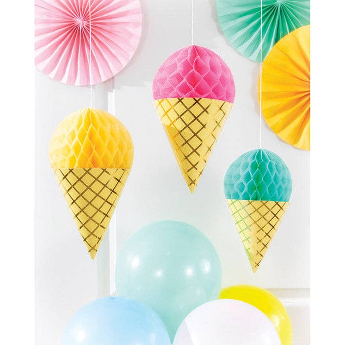Bulk Party Decor - Wholesale Party Sign/Banner - Ice Cream Party Hanging Honeycomb Decorations, 3/Pkg