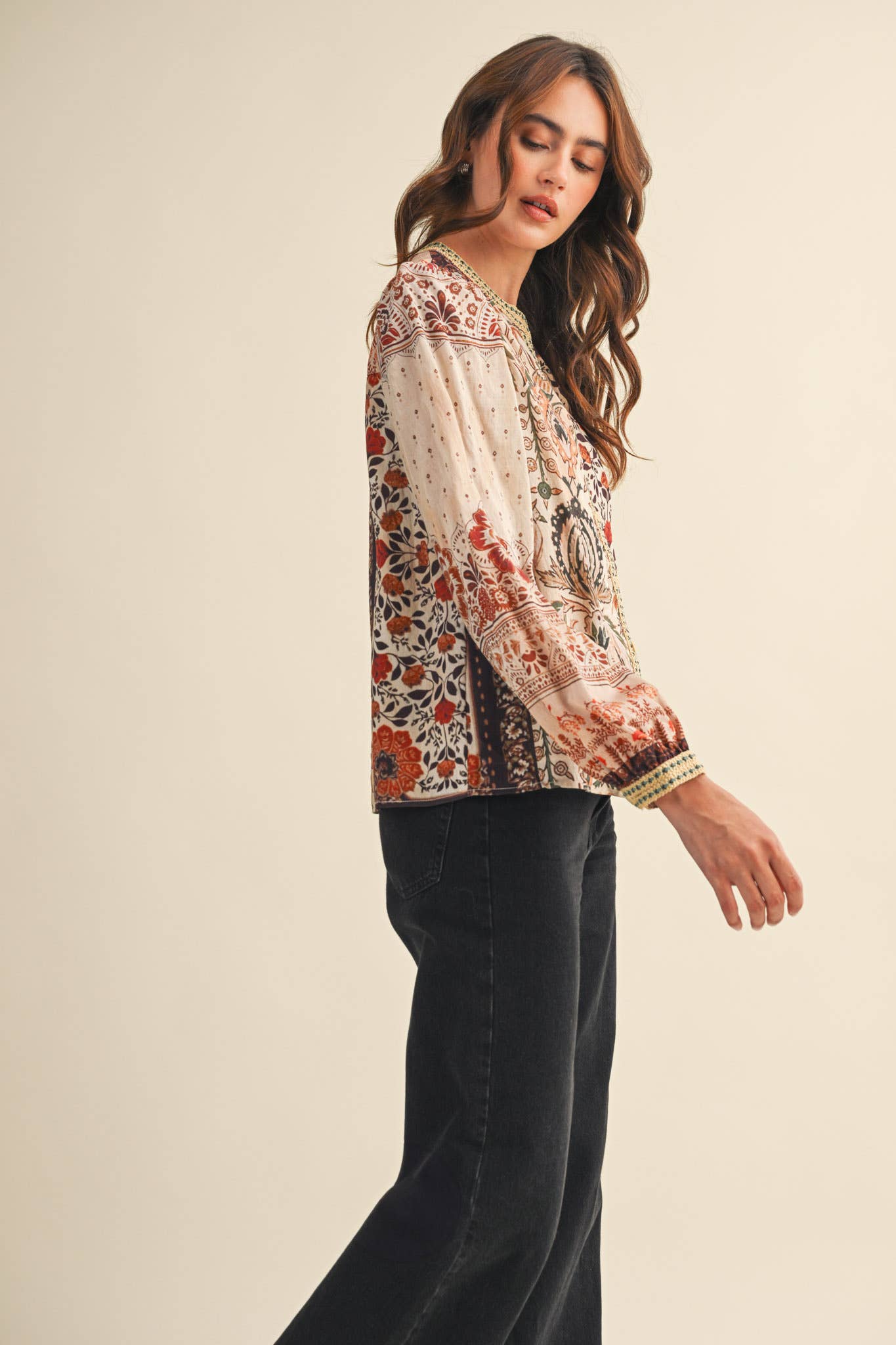&MERCI - Wholesale Button Down Shirt - Women's - PATCHWORK PRINT CROCHET TRIM BUTTON DOWN TOP MTP43827