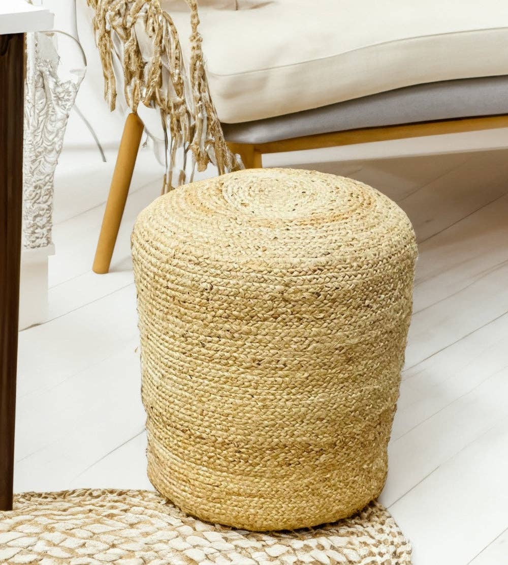 Beige Tall Jute Pouffe – Braided Natural Fibre Footstool for wholesale on Faire5