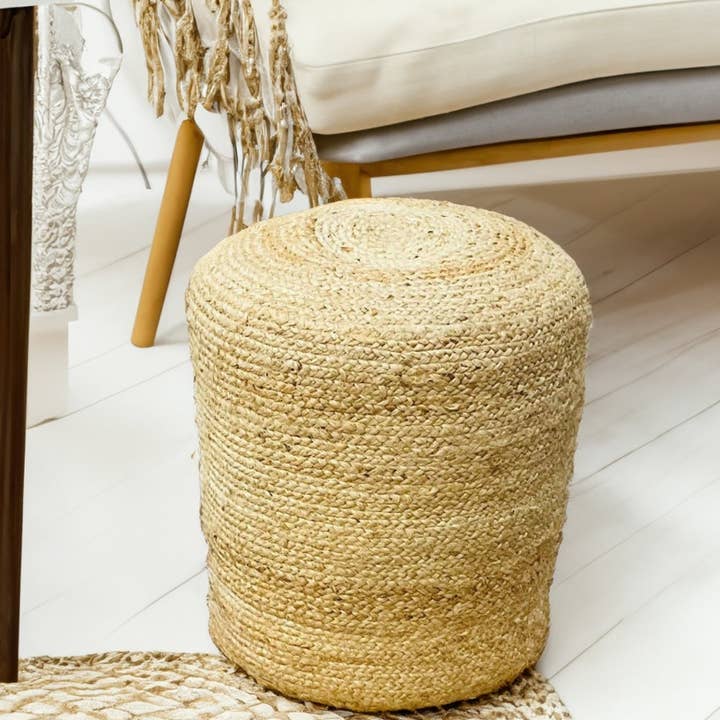 Beige Tall Jute Pouffe – Braided Natural Fibre Footstool for wholesale on Faire5