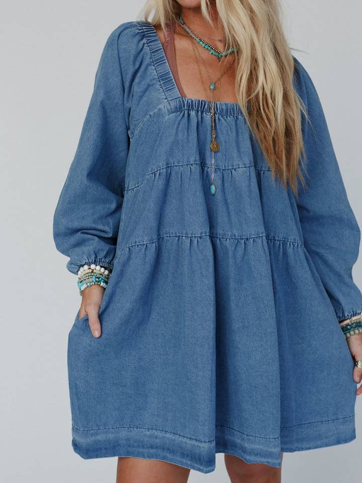 Dusk Blue Square Neck Denim Mini Dress with Side Pockets for wholesale on Faire17