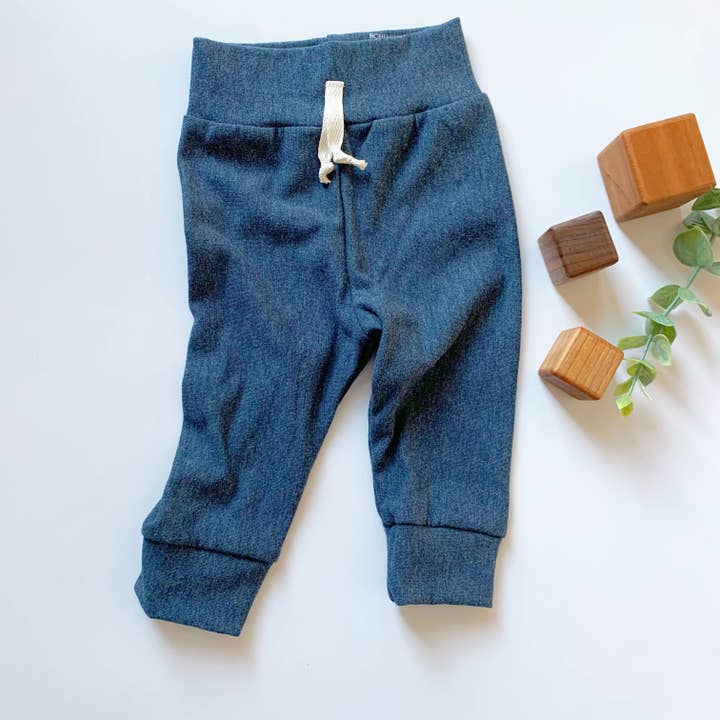 Organic French Terry Joggers: Heather Lake for wholesale by Bohemian Babies