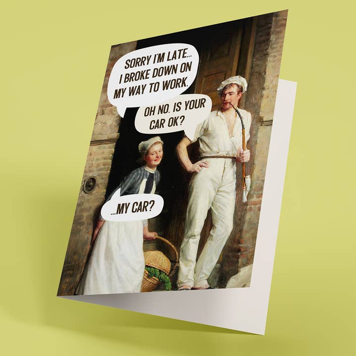 En panne sur le chemin du travail - Carte de vœux sarcastique et neutre pour la vente par Squirrel Friend Gifts