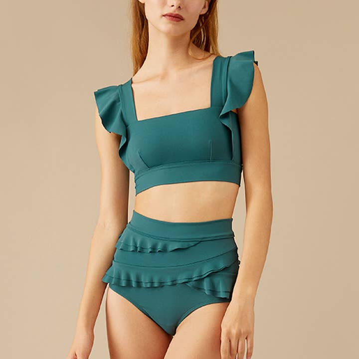 Visual Mood - Wholesale Two Piece Swimsuit - Women's - SERENA Ruffled Bikini Set - Hunter Green