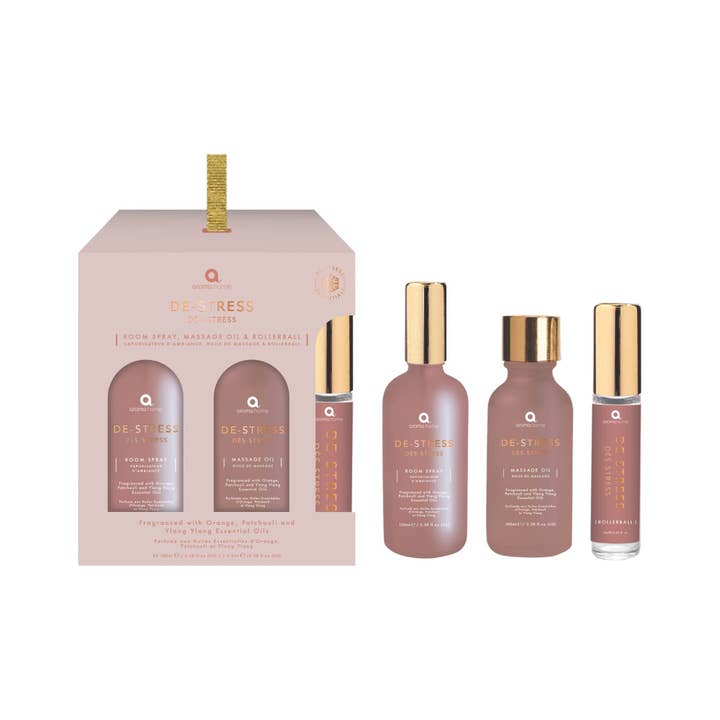 3pc De-Stress Set - Room Spray, Massage Oil, Rollerball for wholesale by Aroma Home