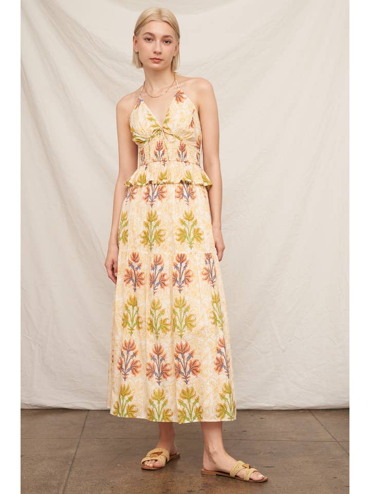 Ivory Yellow Printed Tiered Maxi Skirt for wholesale on Faire