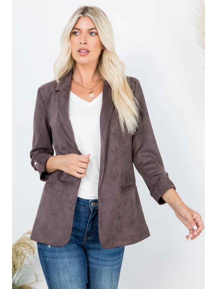26 International - Wholesale Blazer - Women's - Elegance Open Front Roll Up Suede Blazer