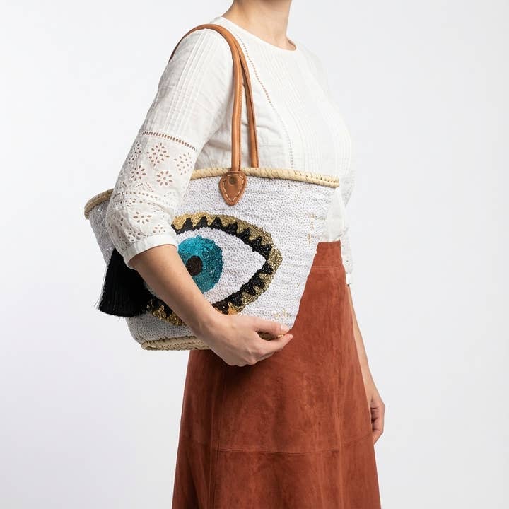 Melecraft - Vente Sac de plage - Sac fourre-tout en paille à sequins œil maléfique - Noir bohème plage12