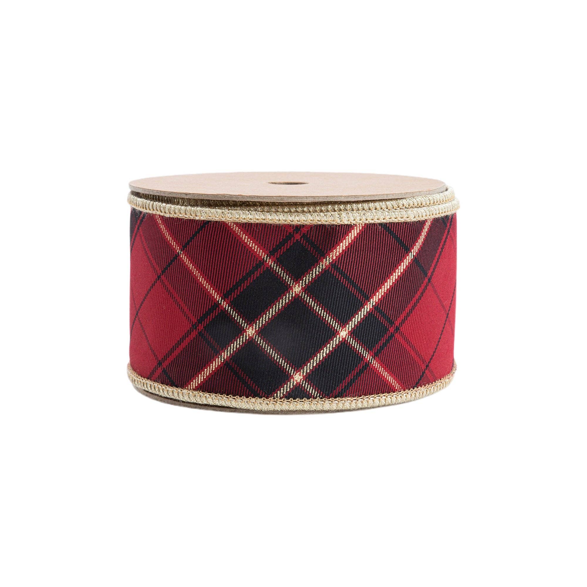 LA Ribbons Wholesale - Wholesale Ribbon - Gift Wrapping - 2 1/2" Wired Ribbon | Black/Gold/Red Bias-Plaid w/ Gold Dupioni-fused Backing | 10 Yard Roll1