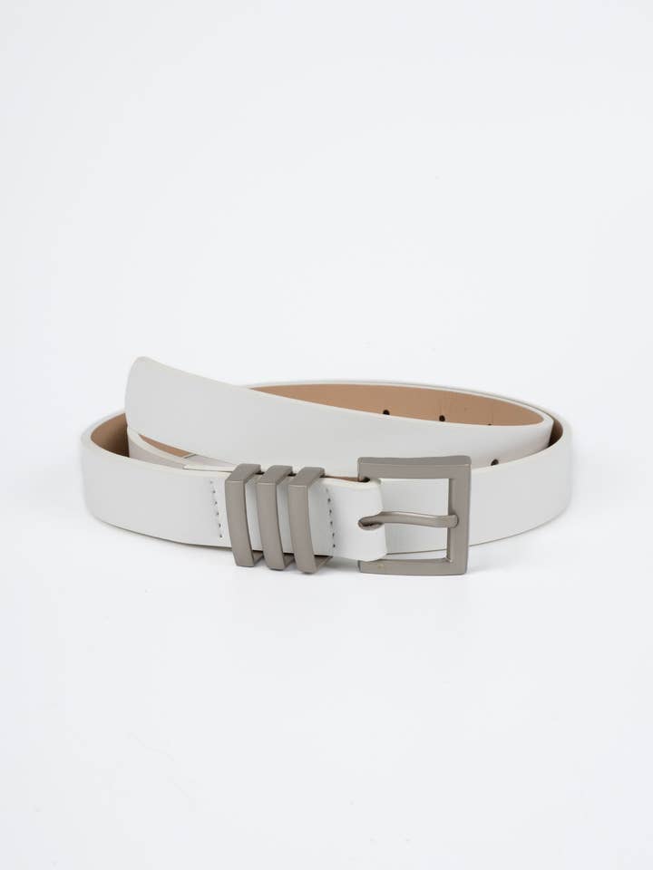 Vegan PU Leather Belt - Marseille - Chunky Square Buckle - Silver / White - 105cm for wholesale by Nakoa The Label
