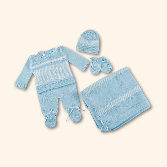 Preemie baby knitted Set Blue /Ivory for wholesale by Karela Kids Inc.
