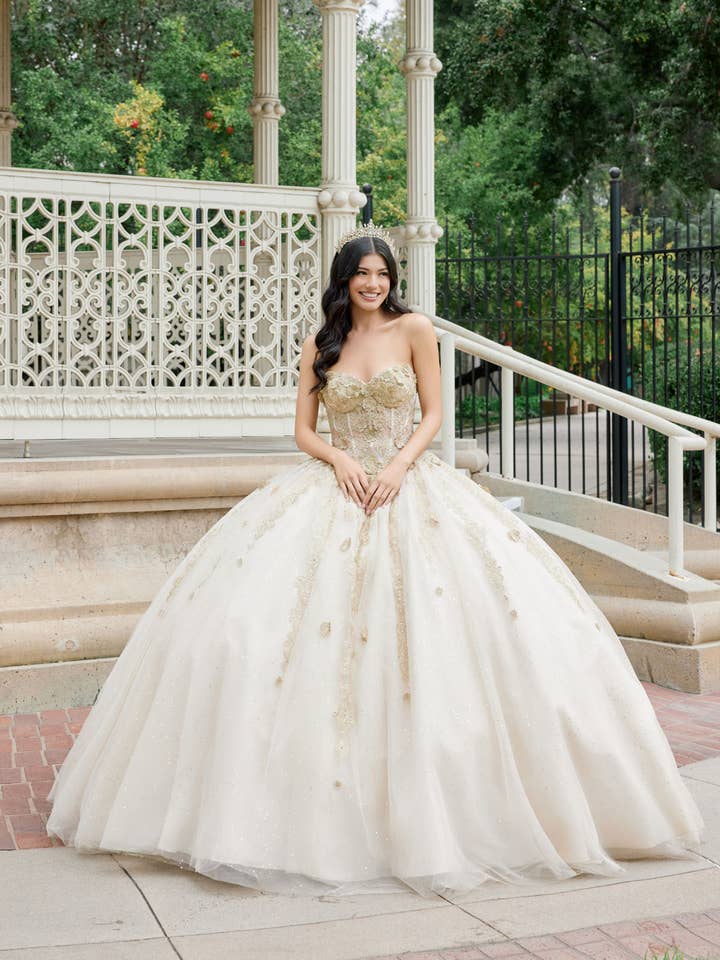 3D FLOWERS APPLIQUE AND PUFF SLEEVE QUINCEANERA DRESS for wholesale by Juliet