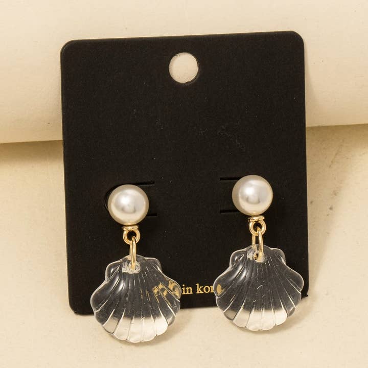 Pearl And Clear Clam Shell Dangle Earrings for wholesale by Anarchy Street