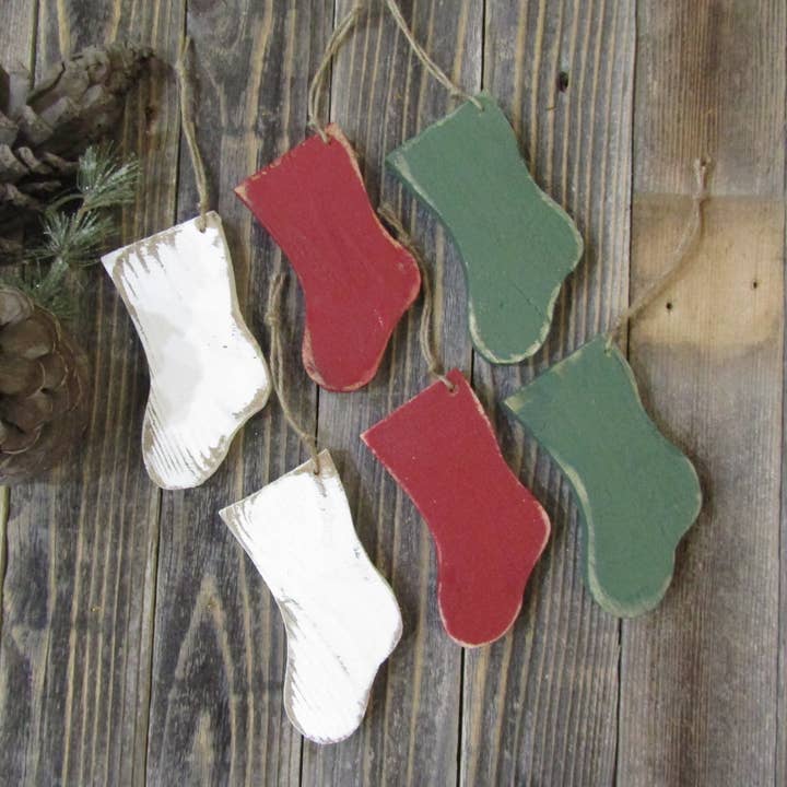 Rustic Wood Stocking Ornament for wholesale by Tattered Grace