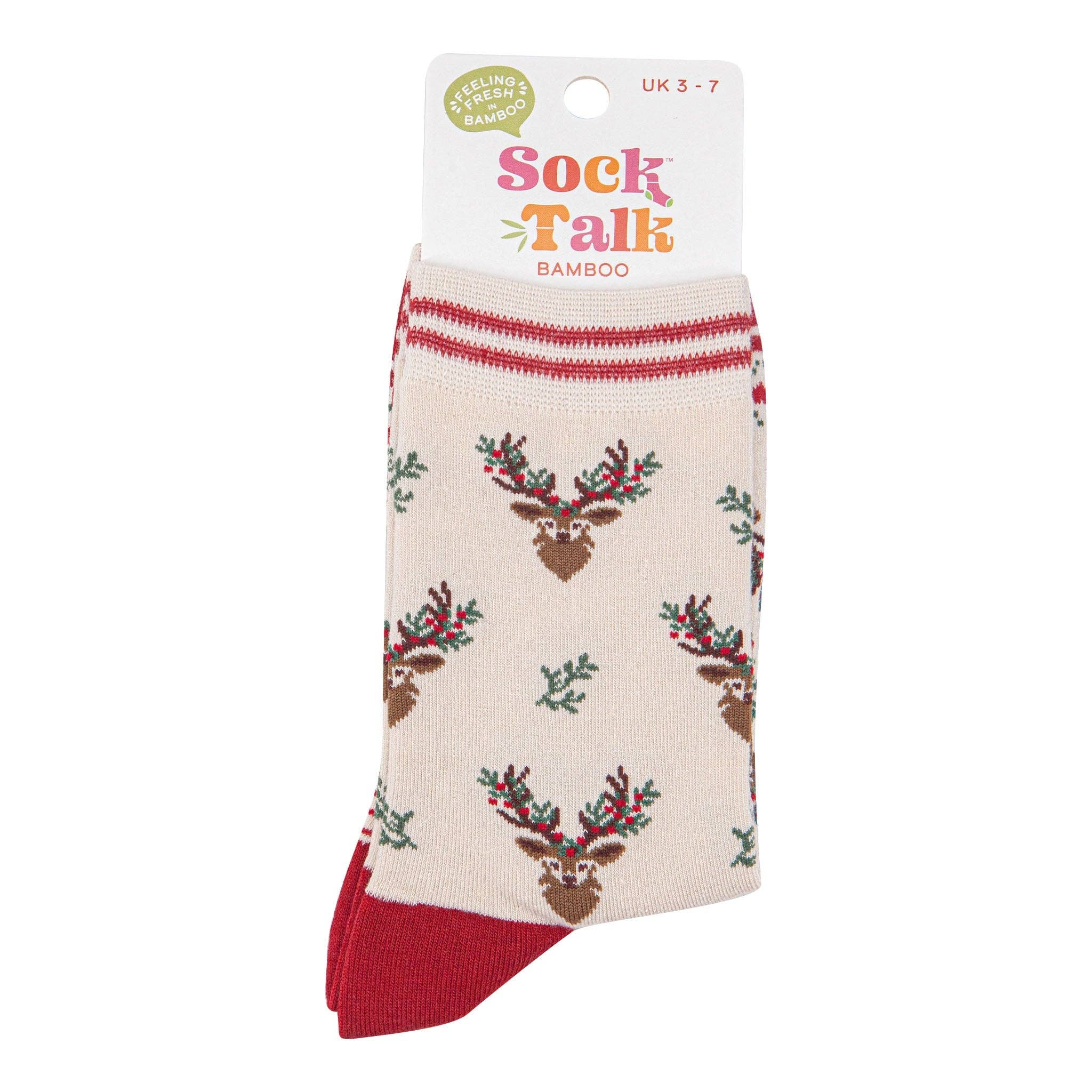 Sock Talk – wholesale Socks – Women's – Women's Bamboo Socks - Cream/Red, Floral Reindeer3