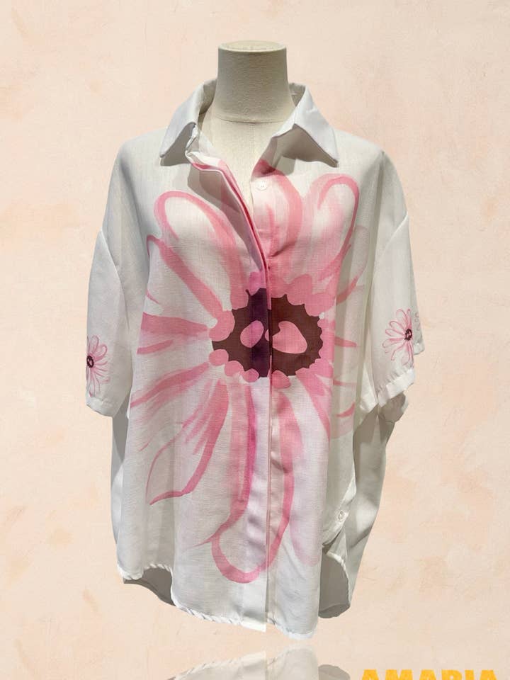 Oversized white floral shirt - Linen - 0178 for wholesale by AMARIA