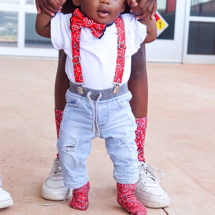 Dapper Xpressions - Wholesale Bretels - Uniseks - Rode bandana, dunne bretels en vlinderdas, handgemaakte formele kleding2