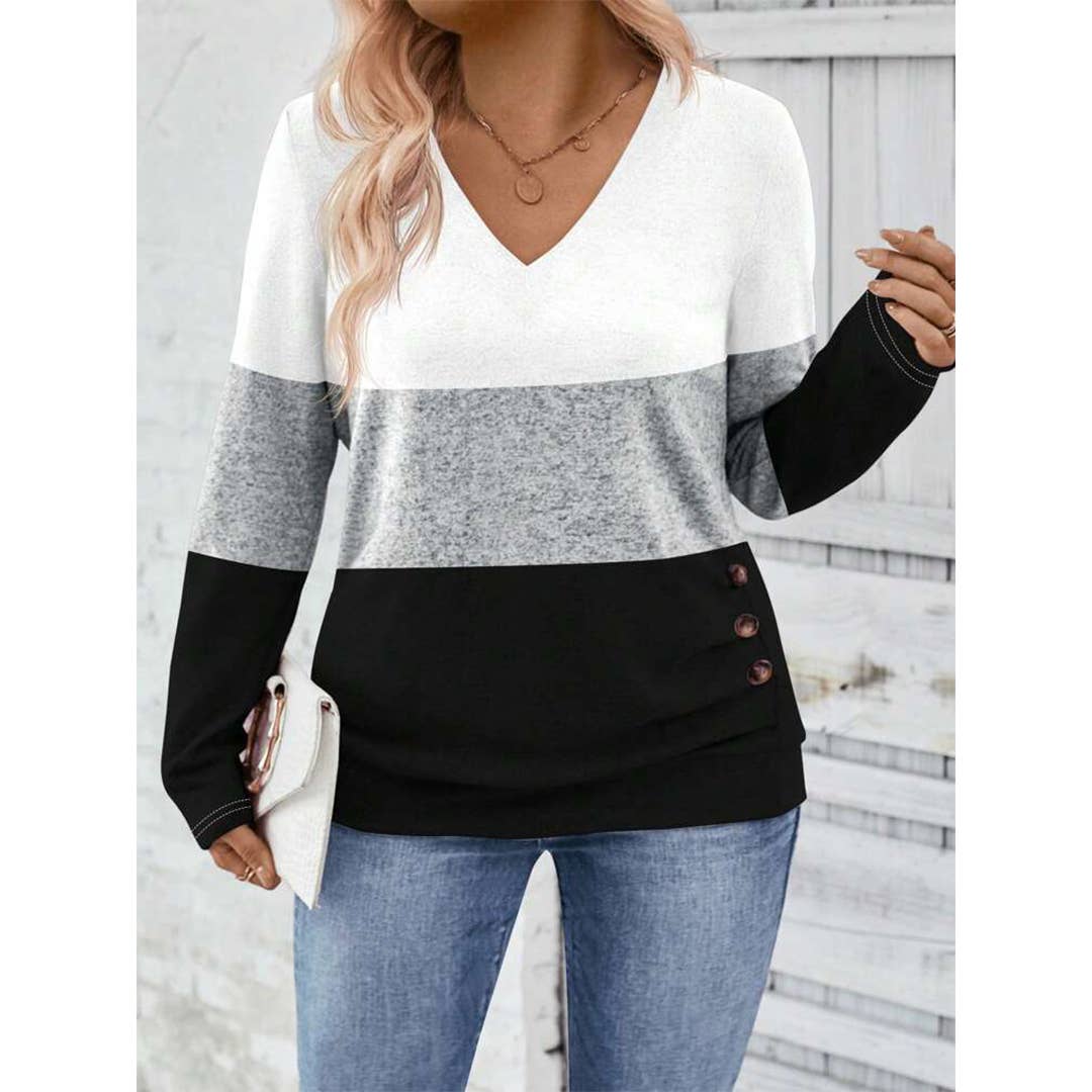 White Colorblock Pullover V-Neck Long Sleeve Knit Top ZK3726 for wholesale on Faire