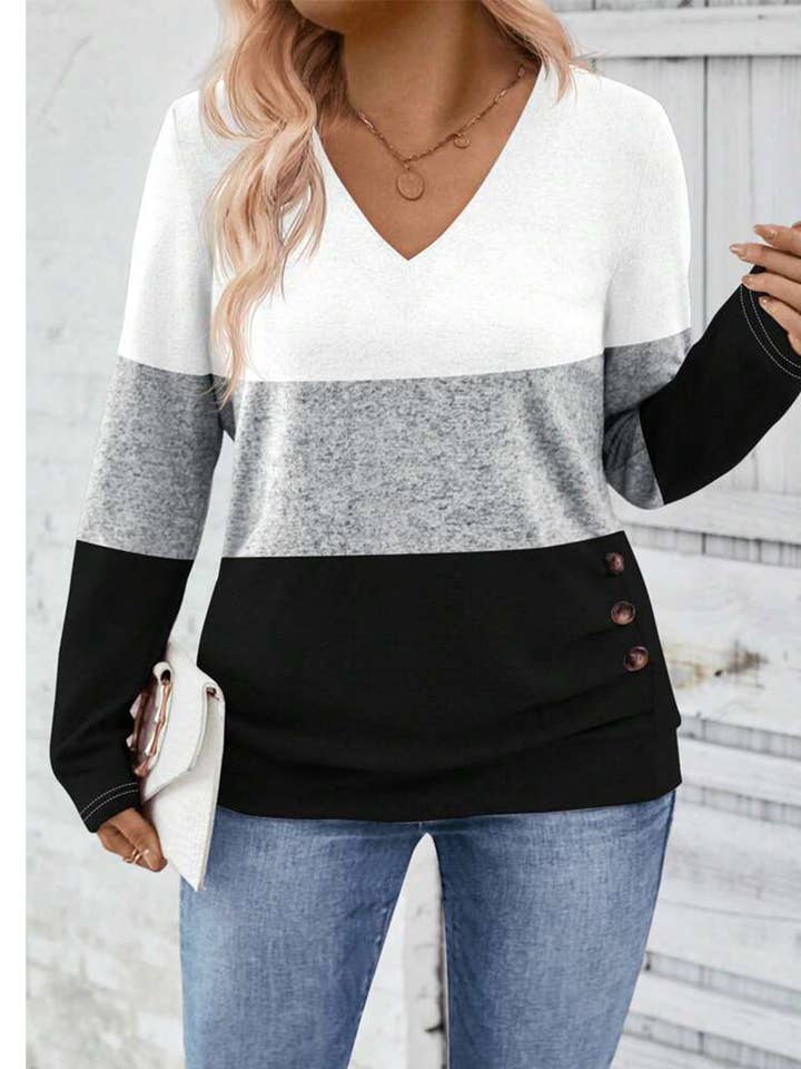Colorblock Pullover V-hals Lange Mouwen Gebreide Top ZK3726 voor wholesale door UNISHE