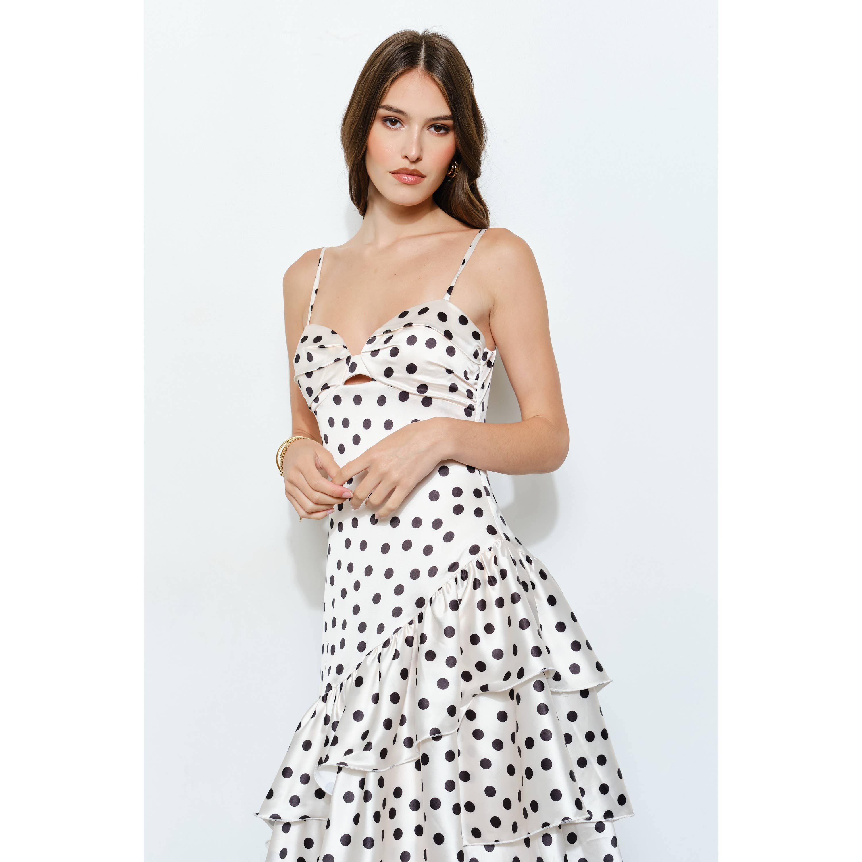 INA – wholesale Dress – Women's – Satin Polka Dot Tiered Ruffle Maxi Dress23