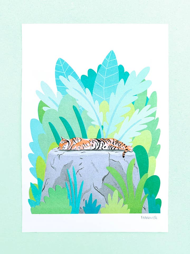 Sleeping Tiger Risograph Print for wholesale by Tom Hardwick