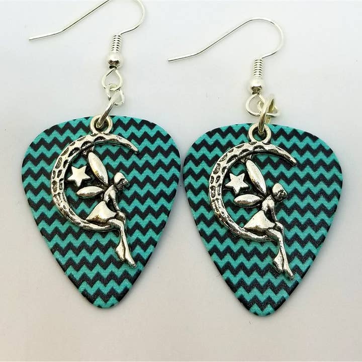 Simply Raevyn - Wholesale Dangle Earrings - Fairy on the Half Moon Charm Guitar Pick Earrings35