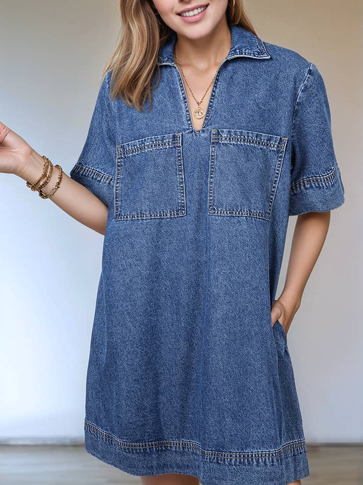 Short Sleeve Collared Patched Pocket Denim Mini Dress for wholesale by LiveFashionWay