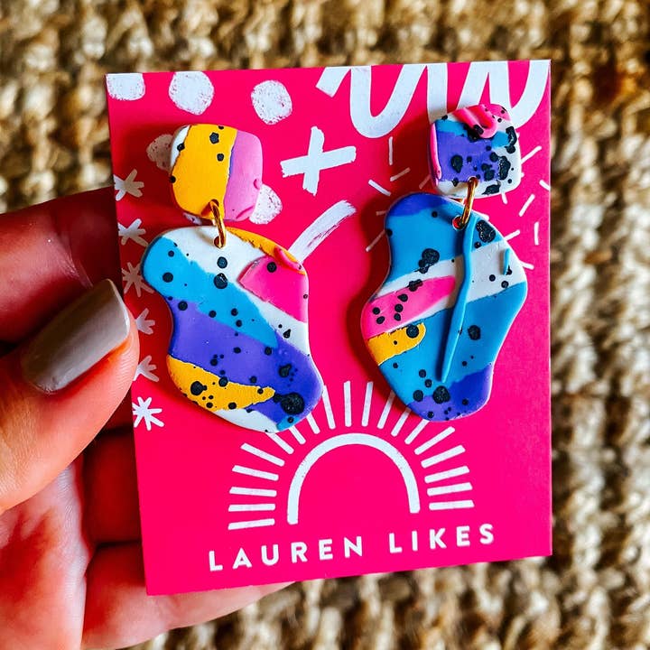90's Paint Pallet Clay Earring, Rainbow Swirl Abstract Art Earring, Polymer Clay Earring, Abstract Earring, 90s Inspired Jewelry, for wholesale by Lauren Likes Art
