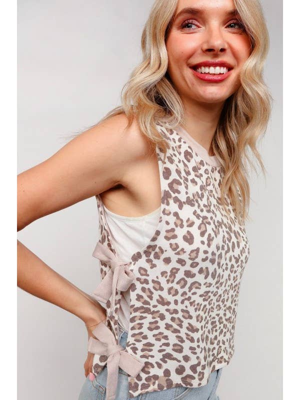 OATMEAL TAUPE Round Neck Leopard Bow Tied Top for wholesale on Faire